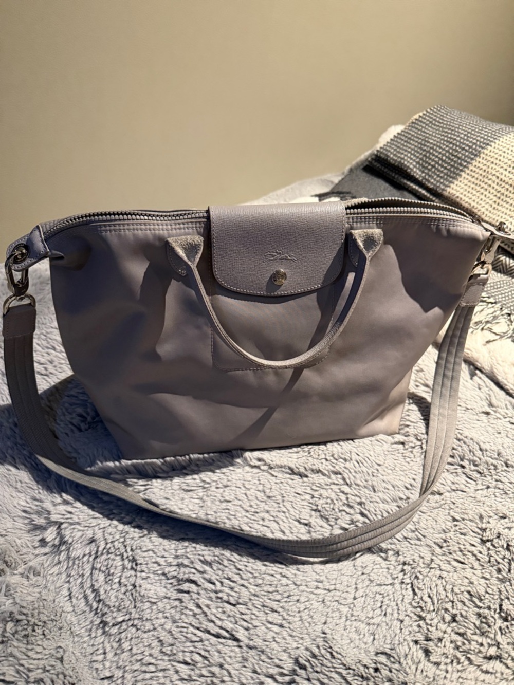 Longchamp Gray Nylon Crossbody Tote with Leather Flap